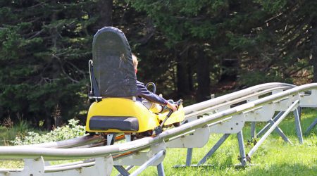Little boy enjoying a summer fun roller alpine coaster ride in Rogla, Slovenia